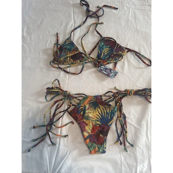 Sexy Tropical Skimpy Floral Strappy Cutout Bikini Swimsuit Set Sz Small NWT - Picture 2 of 8